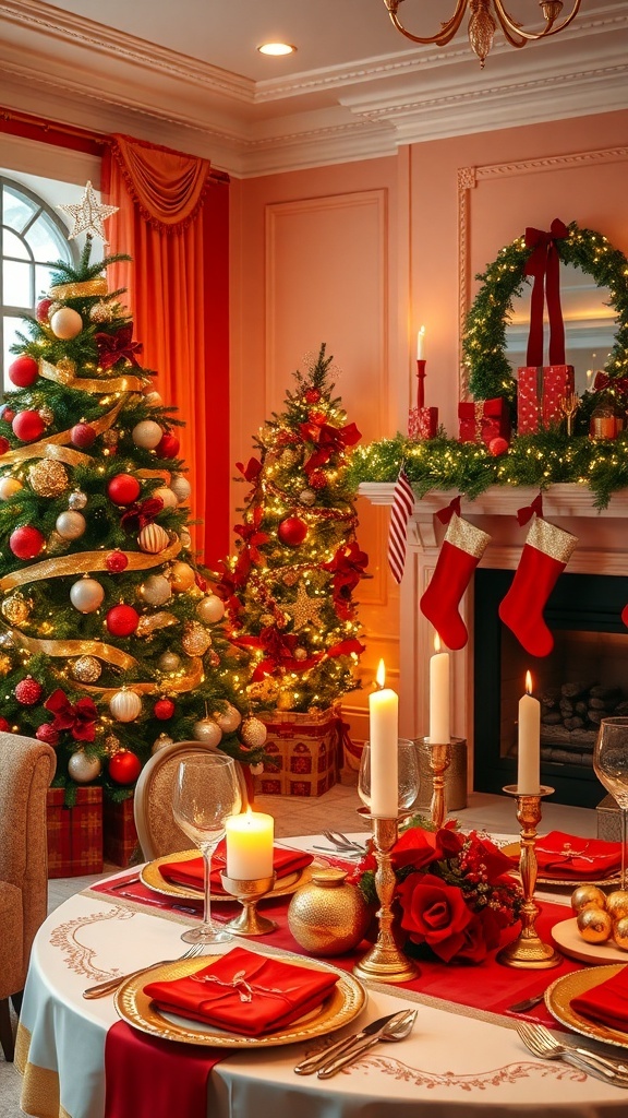 A festive Christmas living room with a decorated tree, fireplace, and elegant table settings.